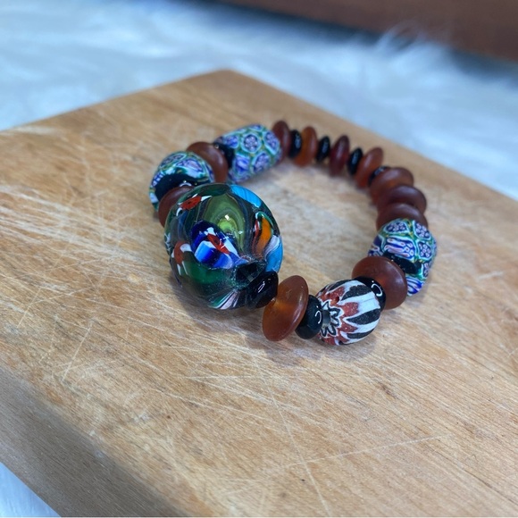 Multicolored Millefiori Glass Bead Multiple Beads Stretch Bracelet